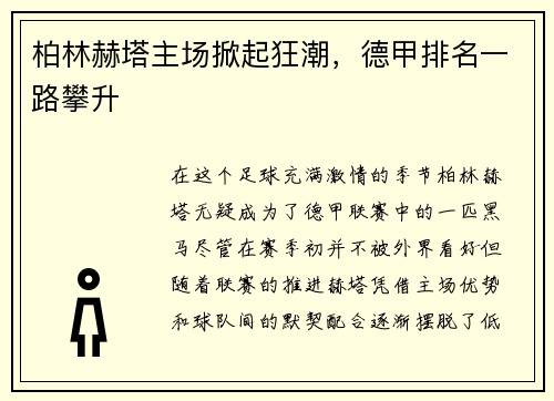 柏林赫塔主场掀起狂潮，德甲排名一路攀升