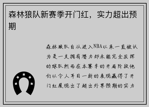 森林狼队新赛季开门红，实力超出预期
